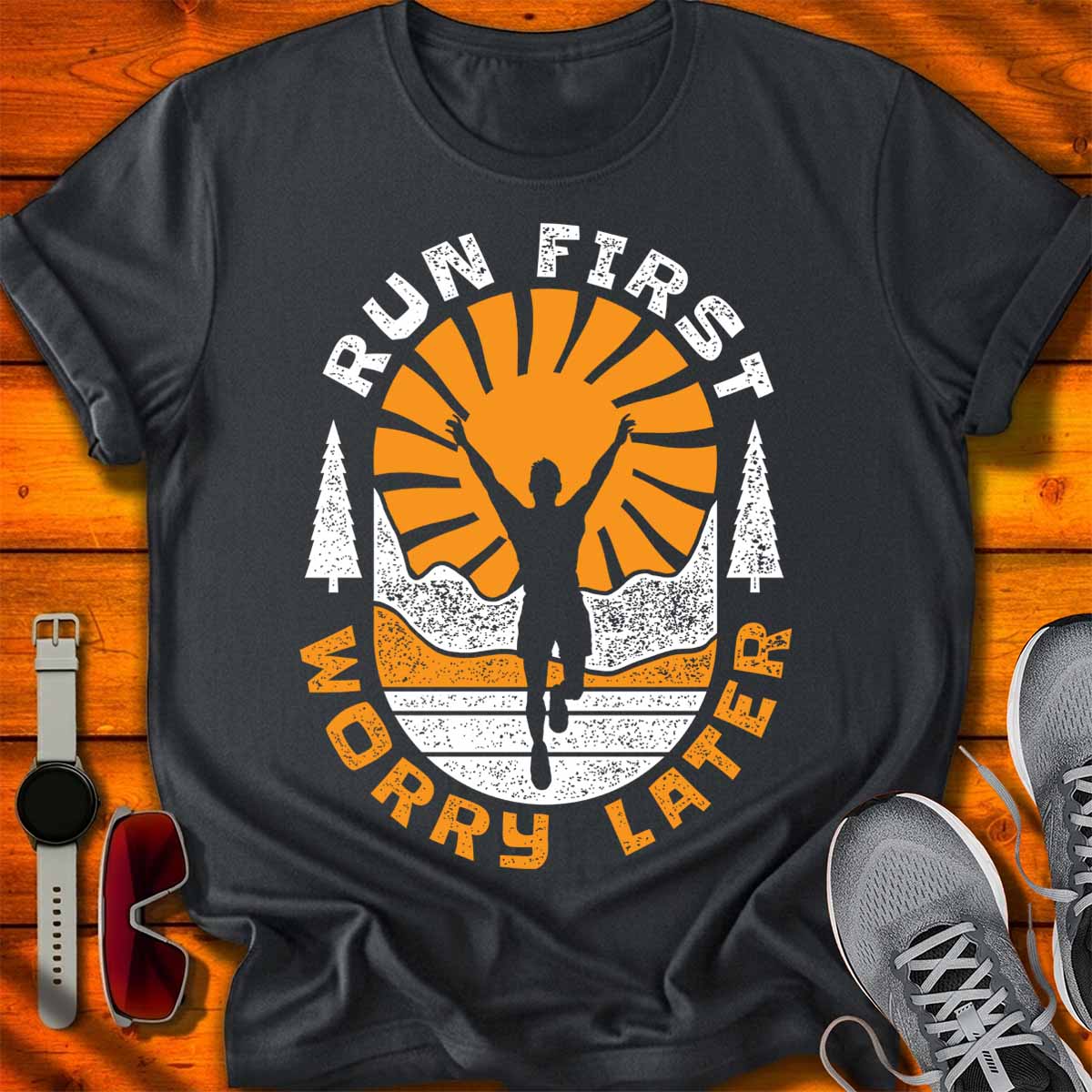 Run First Worry Later — Classic Runner Badge T-Shirt DC UF