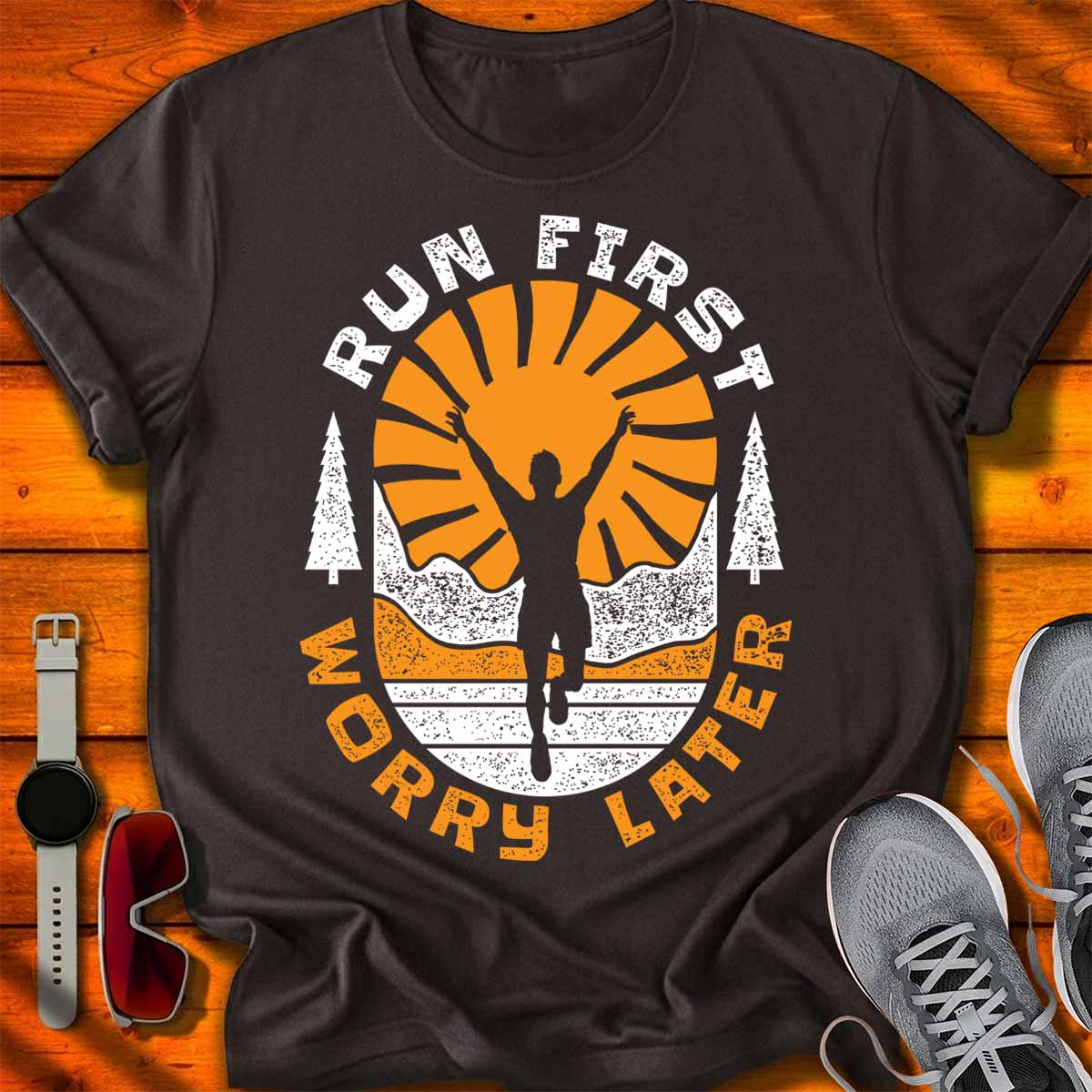 Run First Worry Later — Classic Runner Badge T-Shirt DC UF