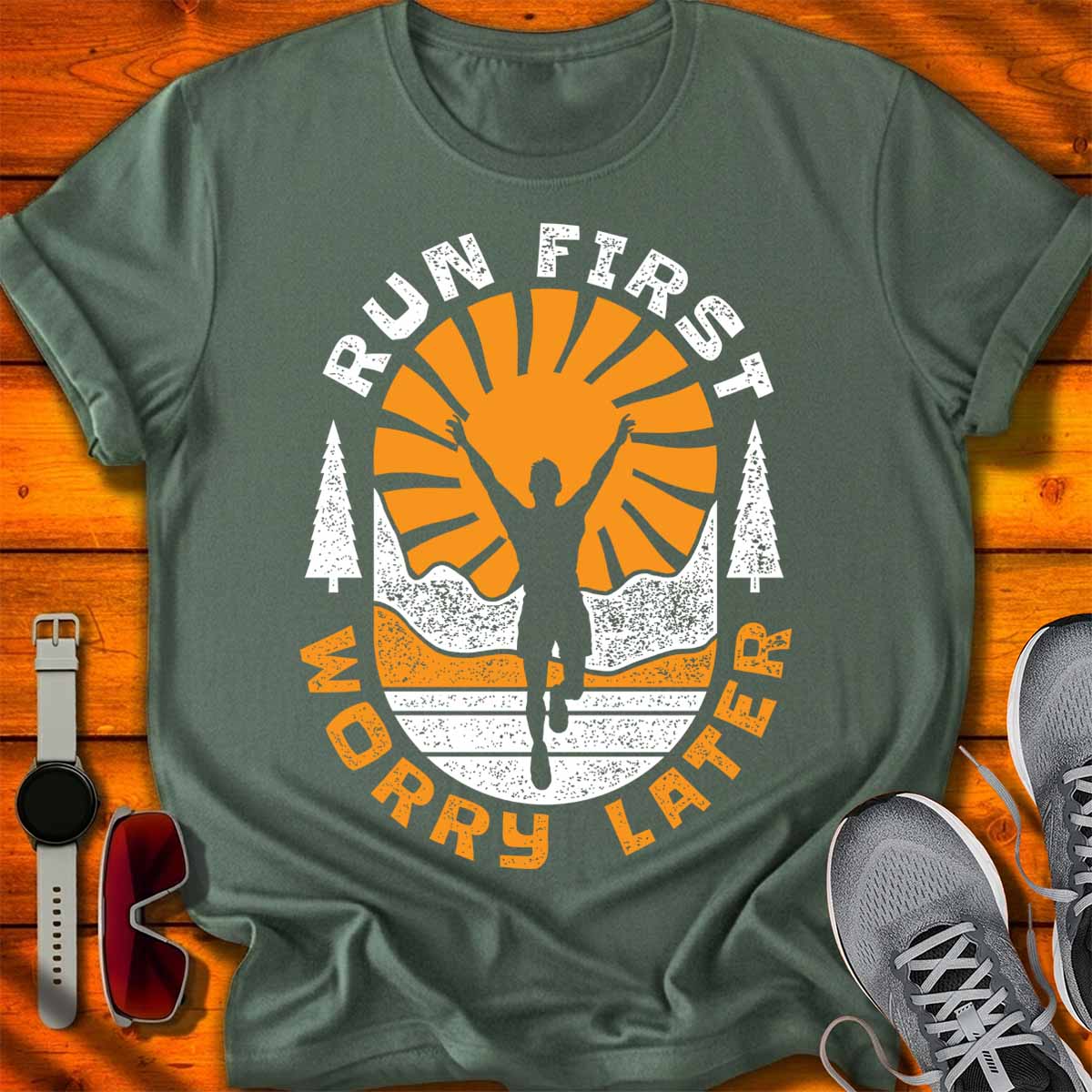 Run First Worry Later — Classic Runner Badge T-Shirt DC UF